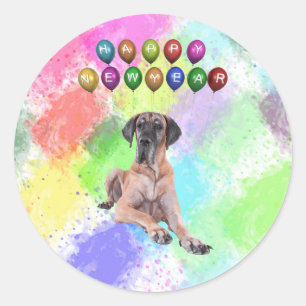 Great Dane Dog Wishing Happy New Year Classic Round Sticker