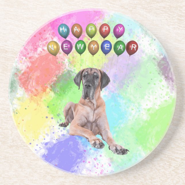 Great Dane Dog Wishing Happy New Year Coaster (Front)