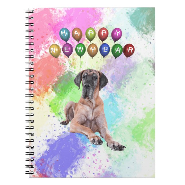 Great Dane Dog Wishing Happy New Year Notebook (Front)