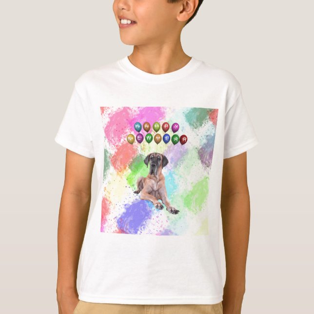 Great Dane Dog Wishing Happy New Year T-Shirt (Front)