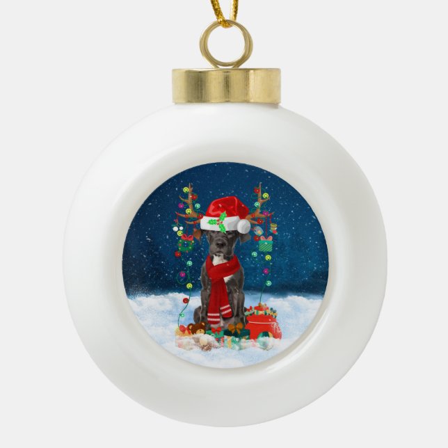 Great Dane dog with Christmas gifts Ceramic Ball Christmas Ornament (Front)