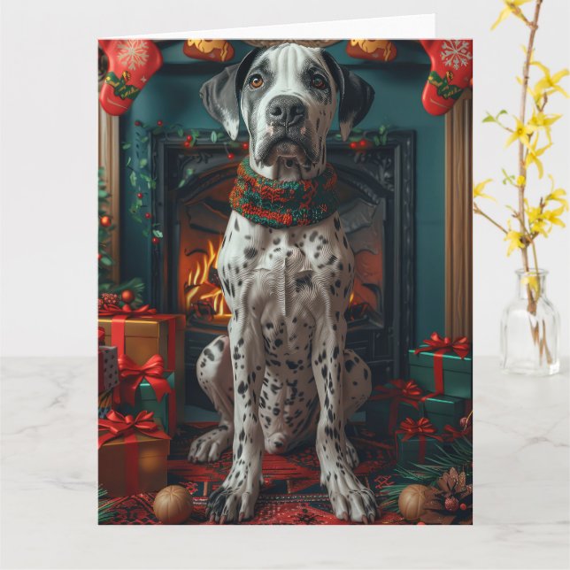 Great Dane Dog With Christmas Gifts Fireplace Card (Yellow Flower)