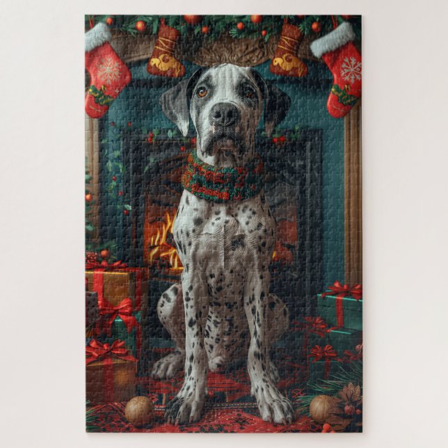 Great Dane Dog With Christmas Gifts Fireplace Jigsaw Puzzle (Vertical)