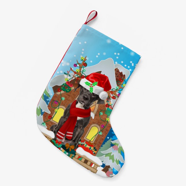 Great Dane dog with Christmas gifts Small Christmas Stocking (Front (Hanging))
