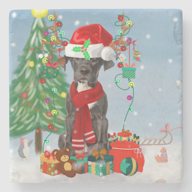 Great Dane dog with Christmas gifts   Stone Coaster (Front)