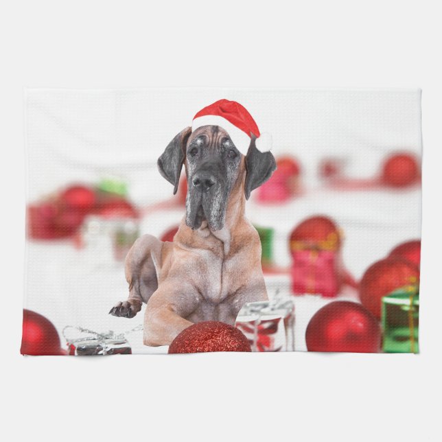 Great Dane Dog with Christmas Ornaments Gifts Tea Towel (Horizontal)