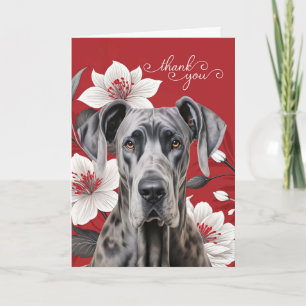 Great Dane Dog with White Lilies on Red Thank You Card