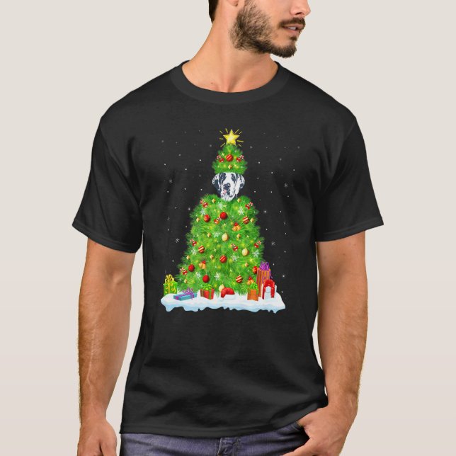 Great Dane Dog Xmas Lighting Tree Funny Great Dane T-Shirt (Front)