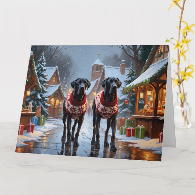 Great Dane Dogs Christmas Snow Holiday Card (Yellow Flower)