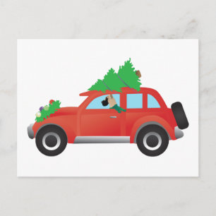 Great Dane driving car with Christmas tree on top Holiday Postcard