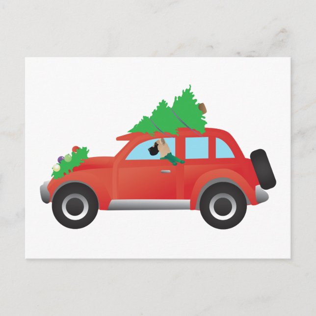 Great Dane driving car with Christmas tree on top Holiday Postcard (Front)