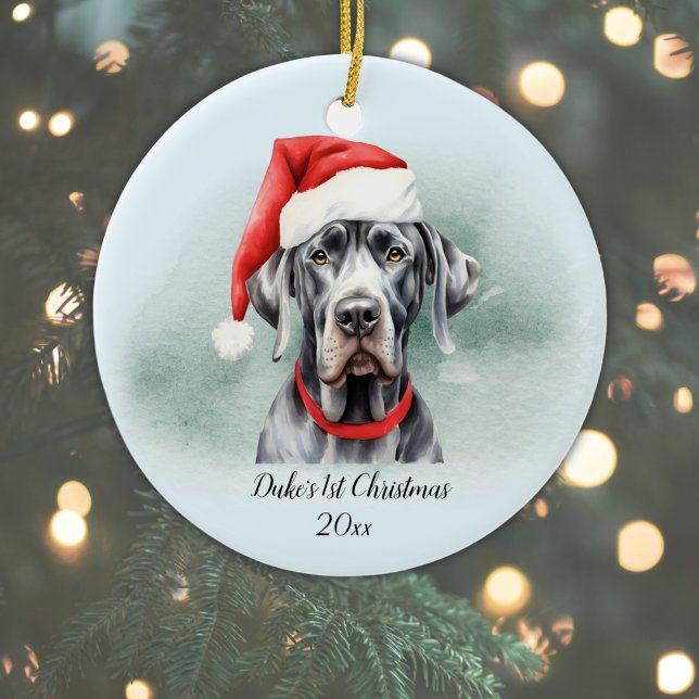 Great Dane First Christmas Personalised Watercolor Ceramic Ornament (Add Dog's Name & Year, or add other text, or delete text if not required.)