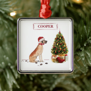 Great Dane Funny Christmas Dog with Tree Metal Ornament