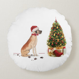 Great Dane Funny Christmas Dog with Tree Round Cushion