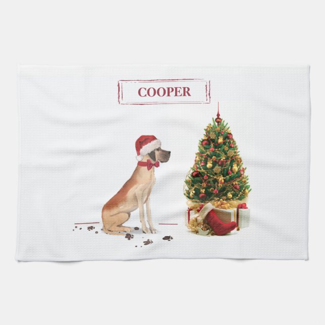 Great Dane Funny Christmas Dog with Tree Tea Towel (Horizontal)