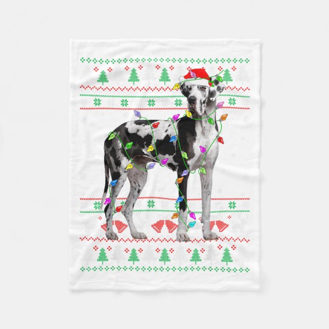 Great Dane Harlequin Dog Christmas Ugly Sweater Li Fleece Blanket (Front)