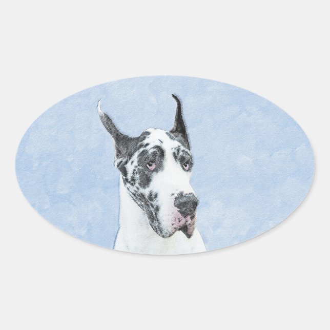 Great Dane (Harlequin) Painting - Original Dog Art Oval Sticker (Front)