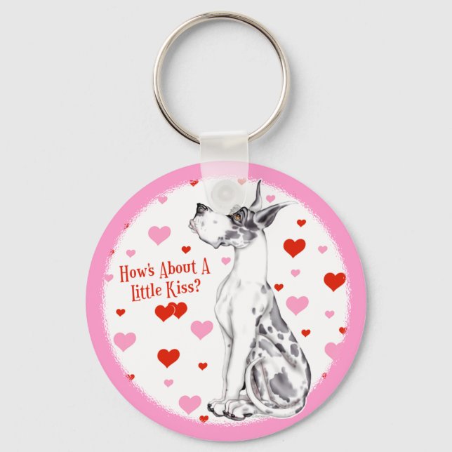 Great Dane Harlequin Valentine's Day Kiss Key Ring (Front)