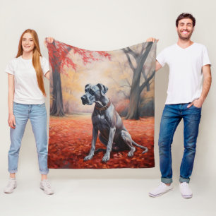 Great Dane in Autumn Leaves Fall Inspire  Fleece Blanket
