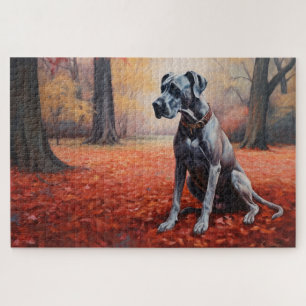 Great Dane in Autumn Leaves Fall Inspire  Jigsaw Puzzle