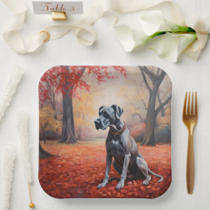 Great Dane in Autumn Leaves Fall Inspire Paper Plate