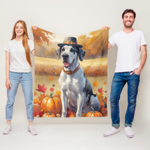 Great Dane In Autumn Leaves Thanksgiving Art Fleece Blanket