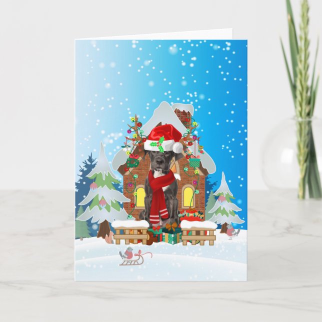 Great Dane in snow with Christmas gifts Card (Front)