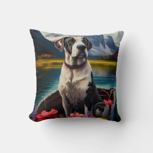 Great Dane on a Paddle: A Scenic Adventure Cushion