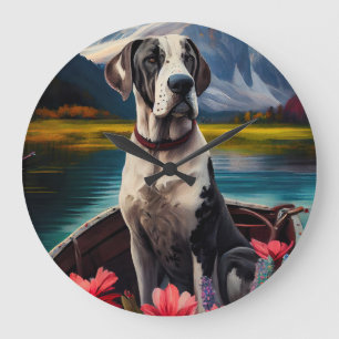 Great Dane on a Paddle: A Scenic Adventure Large Clock
