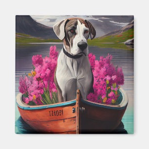 Great Dane on a Paddle: A Scenic Adventure Magnet