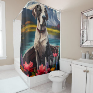 Great Dane on a Paddle: A Scenic Adventure Shower Curtain