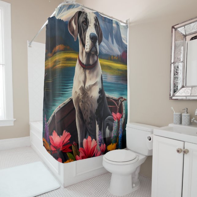 Great Dane on a Paddle: A Scenic Adventure Shower Curtain (In Situ)