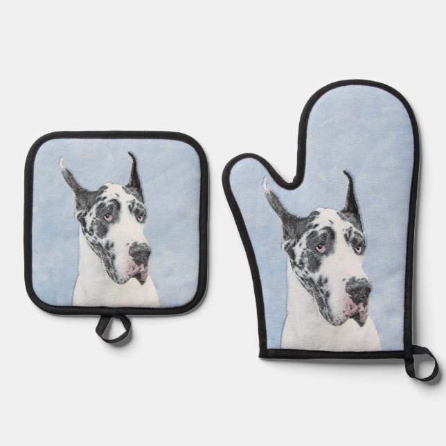 Great Dane Painting Harlequin Original Pet Dog Art Oven Mitt & Pot Holder Set (Front)