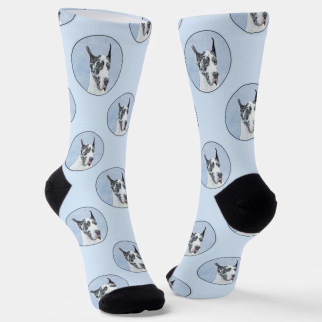 Great Dane Painting Harlequin Original Pet Dog Art Socks (Angled)
