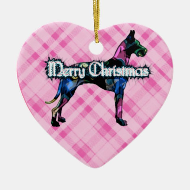 Great Dane Pink Plaid Heart Ornament (Front)