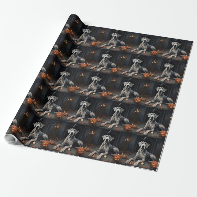 Great Dane Pumpkins Halloween Scary Flip Wrapping Paper (Unrolled)