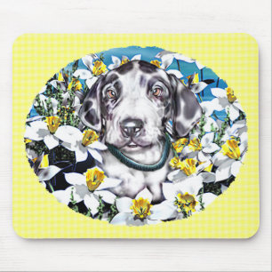 Great Dane Pup in Daffodils Harlequin Mouse Pad
