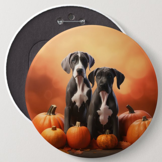 Great Dane Puppy Autumn Delight Pumpkin 6 Cm Round Badge (Front & Back)