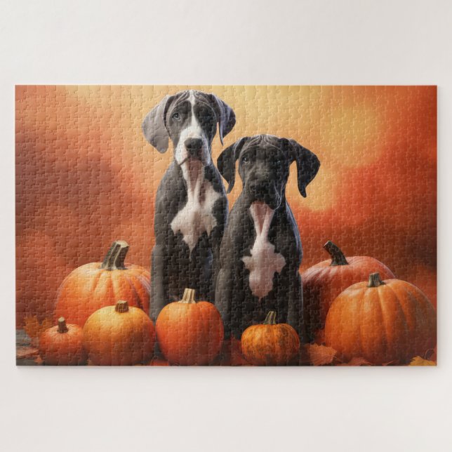 Great Dane Puppy Autumn Delight Pumpkin Jigsaw Puzzle (Horizontal)
