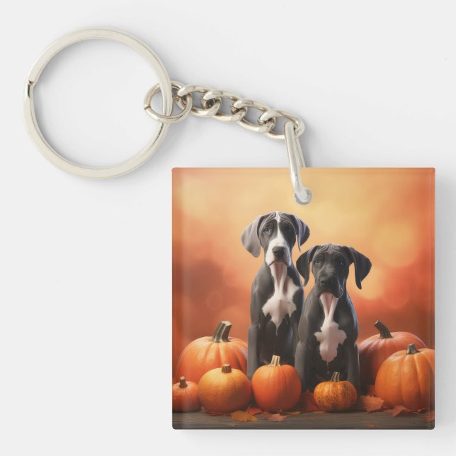 Great Dane Puppy Autumn Delight Pumpkin Key Ring (Front)
