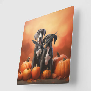 Great Dane Puppy Autumn Delight Pumpkin Square Wall Clock