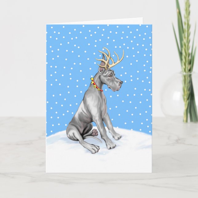 Great Dane Reindeer Christmas Black Holiday Card (Front)