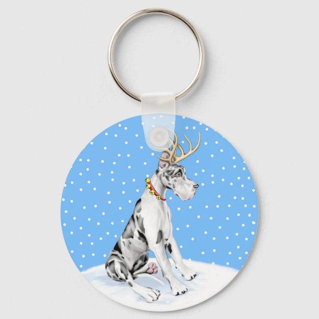 Great Dane Reindeer Christmas Harlequin Key Ring (Front)