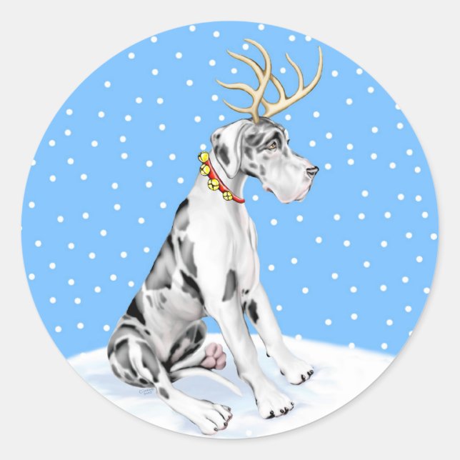 Great Dane Reindeer Christmas Harlequin UC Classic Round Sticker (Front)