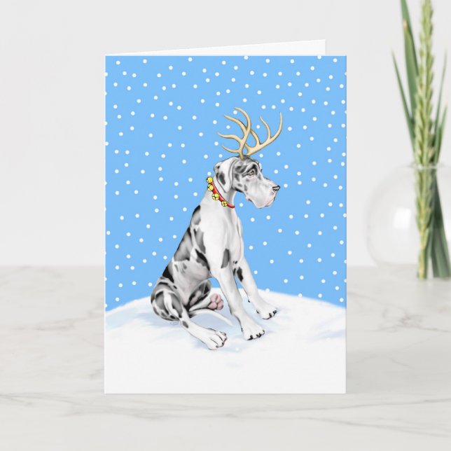 Great Dane Reindeer Christmas Harlequin UC Holiday Card (Front)