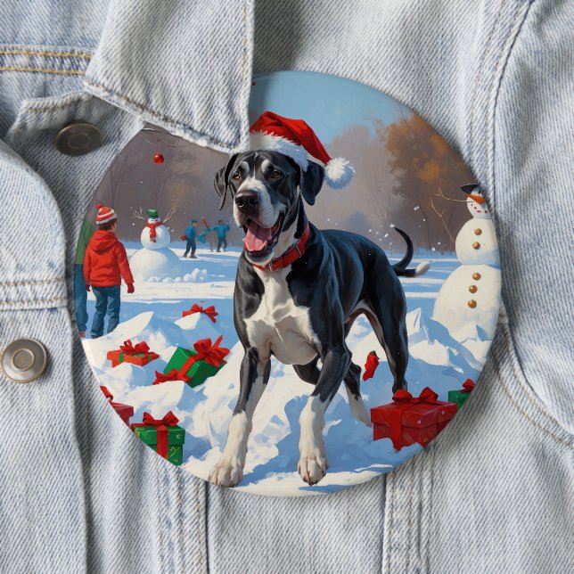 Great Dane Running in Snow with Christmas Hat 6 Cm Round Badge (In Situ)