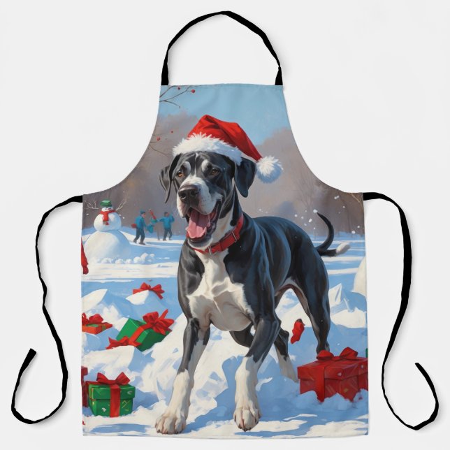 Great Dane Running in Snow with Christmas Hat Apron (Front)