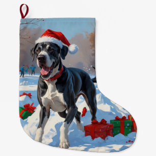 Great Dane Running in Snow with Christmas Hat Large Christmas Stocking