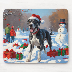Great Dane Running in Snow with Christmas Hat Mouse Pad