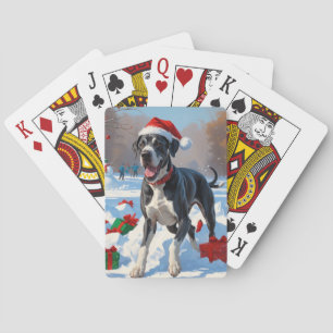 Great Dane Running in Snow with Christmas Hat Playing Cards